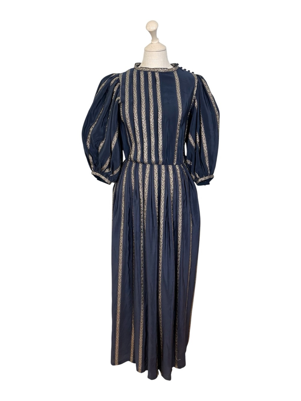 Vintage Albert Nipon by Night Navy Striped Balloon Sleeve Maxi Dress